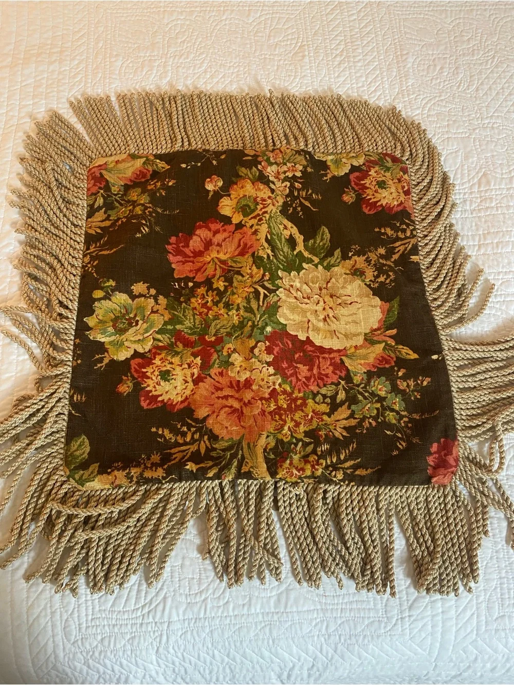 Floral Fringe Decorative Pillow Cover - Black with Multicolor Floral Print New